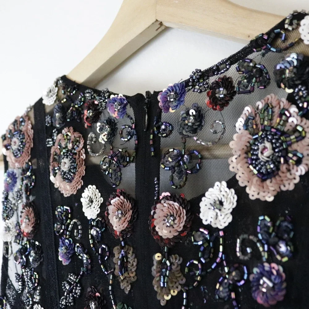 Needle & Thread Floral Ombre Dress 8 Black Sequin Beaded Embellished Midi - Picture 6 of 12